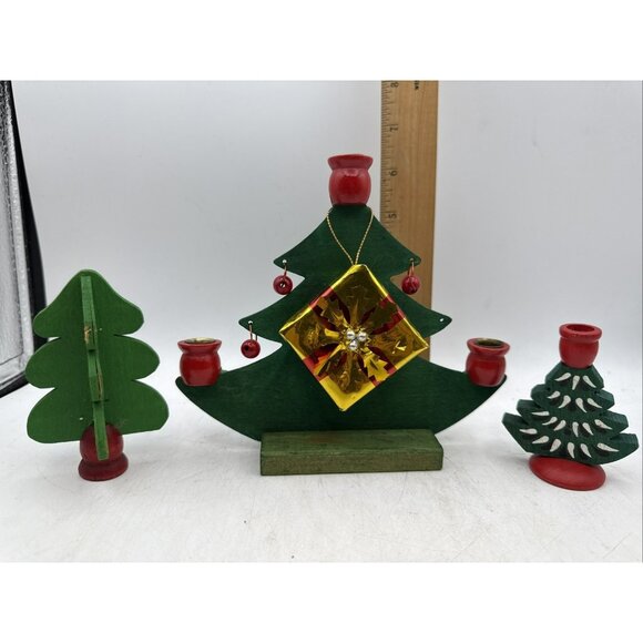 Folk Art Norwegian Swedish Wood Christmas Tree Candle Holder - Picture 1 of 10
